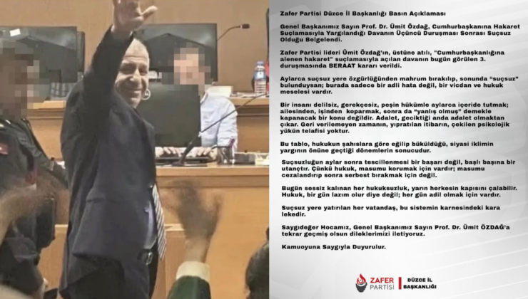 Zafer Partisi Lideri Ümit Özdağ Davasında Beraat: Düzce İl Başkanlığı’ndan Sert Açıklama